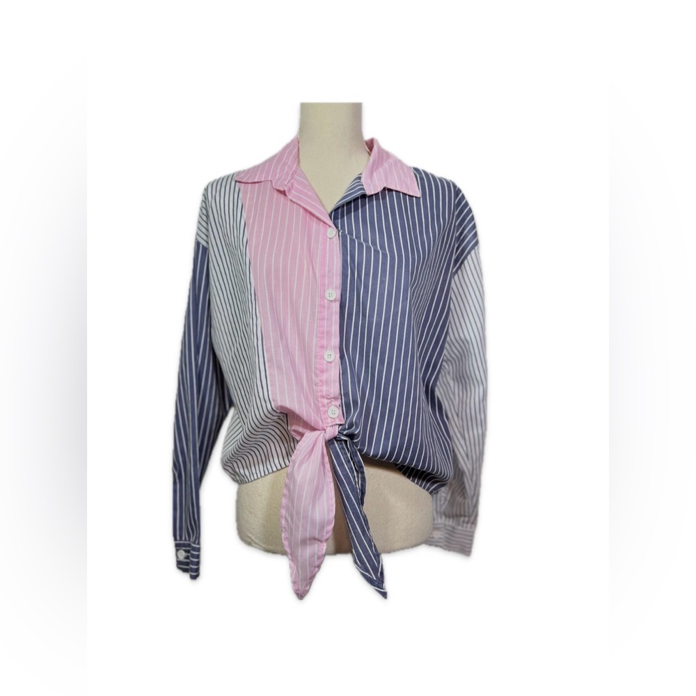 No Frills Button Down Shirt Tie Front Size M Color Block Striped
